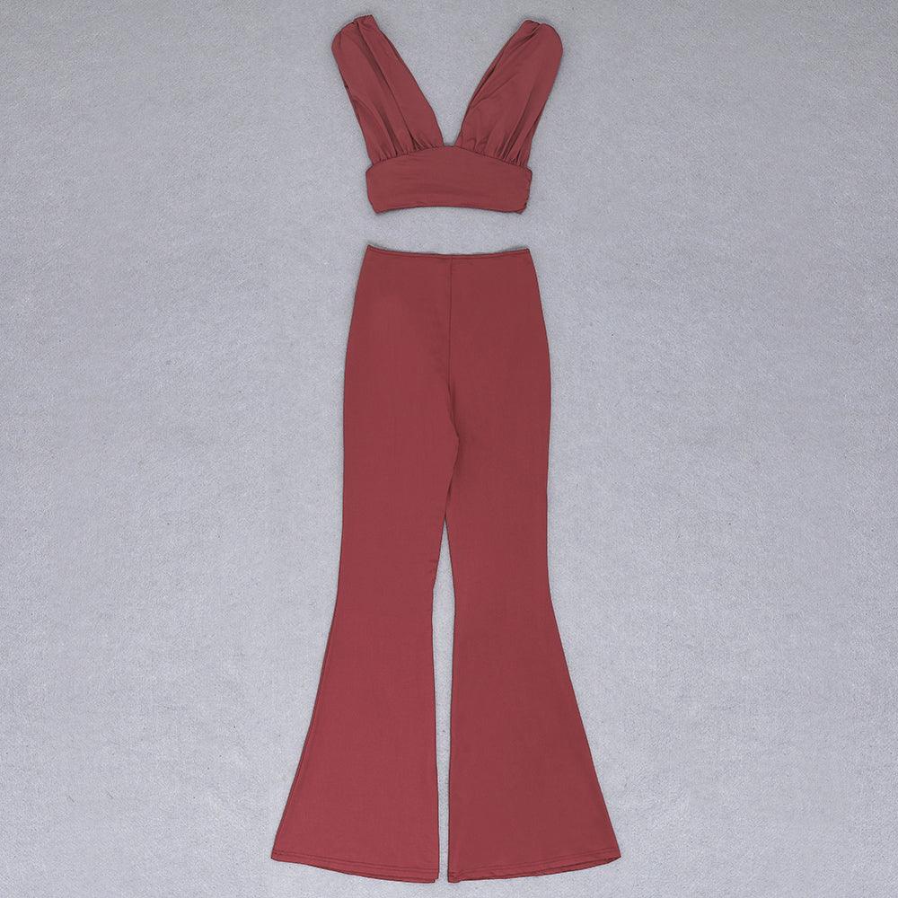 KittenAlarm - Veronica Solid Bralette Top & Lace Up Belted Flare Pants Set
