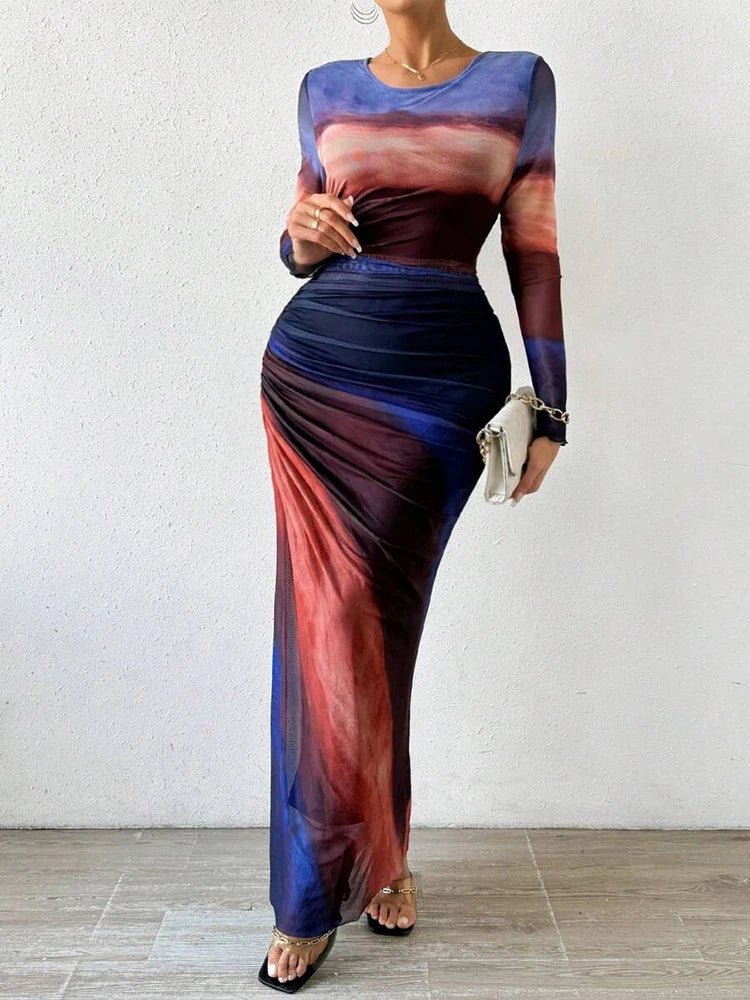 Abstract Brushstroke Print Ruched Mesh Overlay Bodycon Maxi Dress