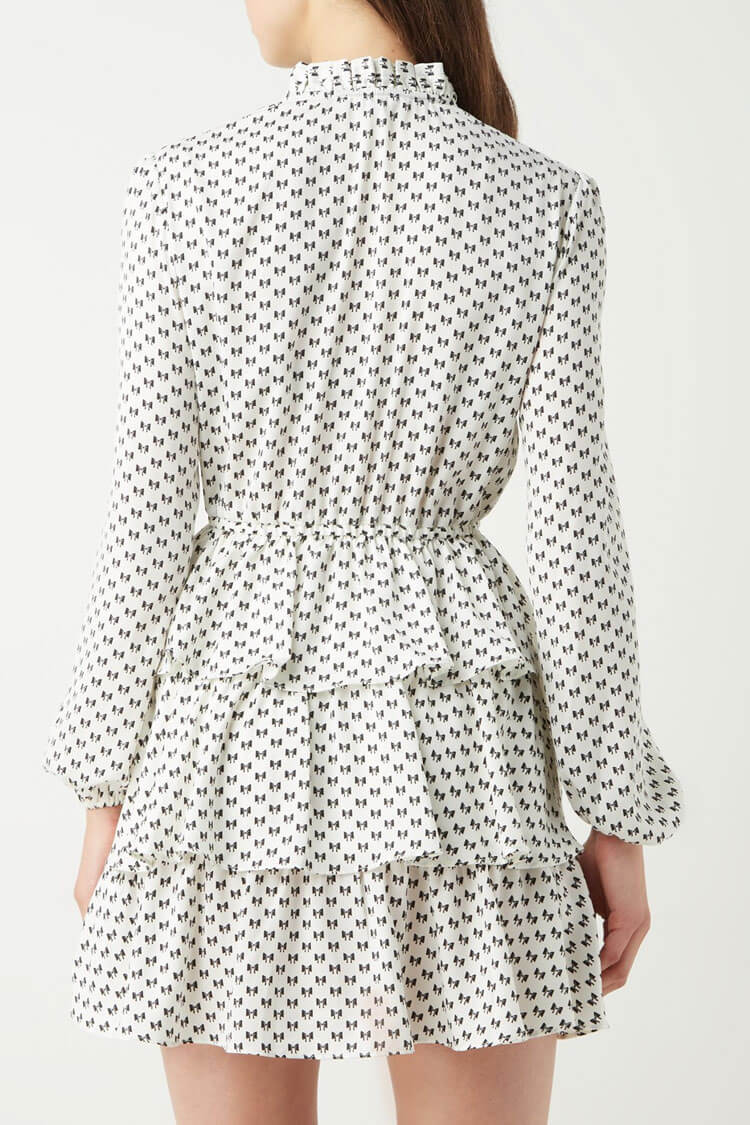 Bow Print Ruffle Collar Keyhole Tie Tiered Ruffle Mini Dress