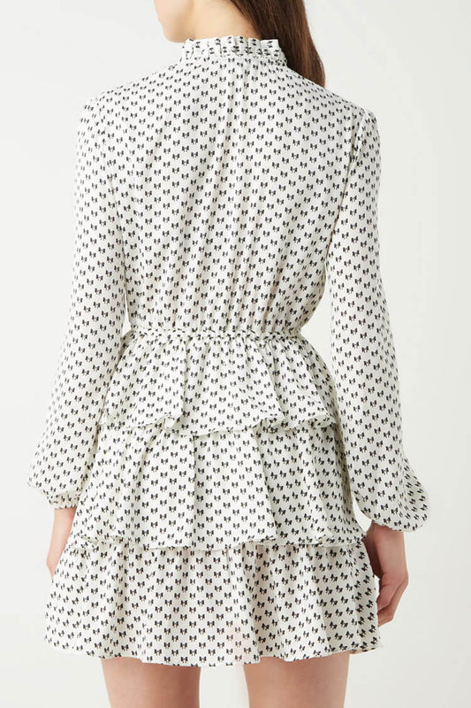 Bow Print Ruffle Collar Keyhole Tie Tiered Ruffle Mini Dress