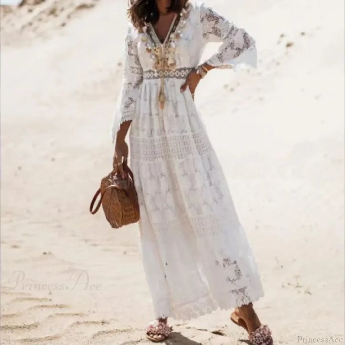 Vintage Embroidery Loose White Red Boho Dress