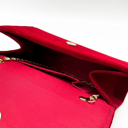 Red Vintage Faux Suede Clutch Bag with Foldover Flower Trim and Ruched Handle
