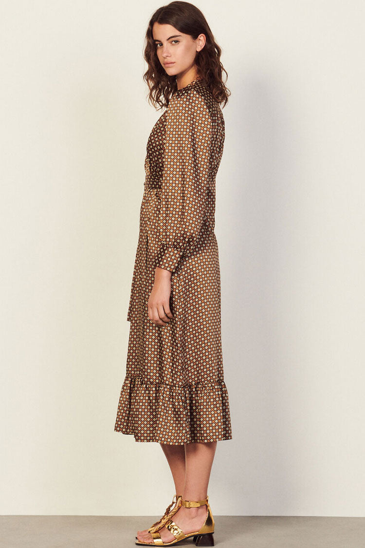 Geometric Medallion Print Balloon Sleeve Tie-Waist Ruffle Hem Wrap Midi Dress