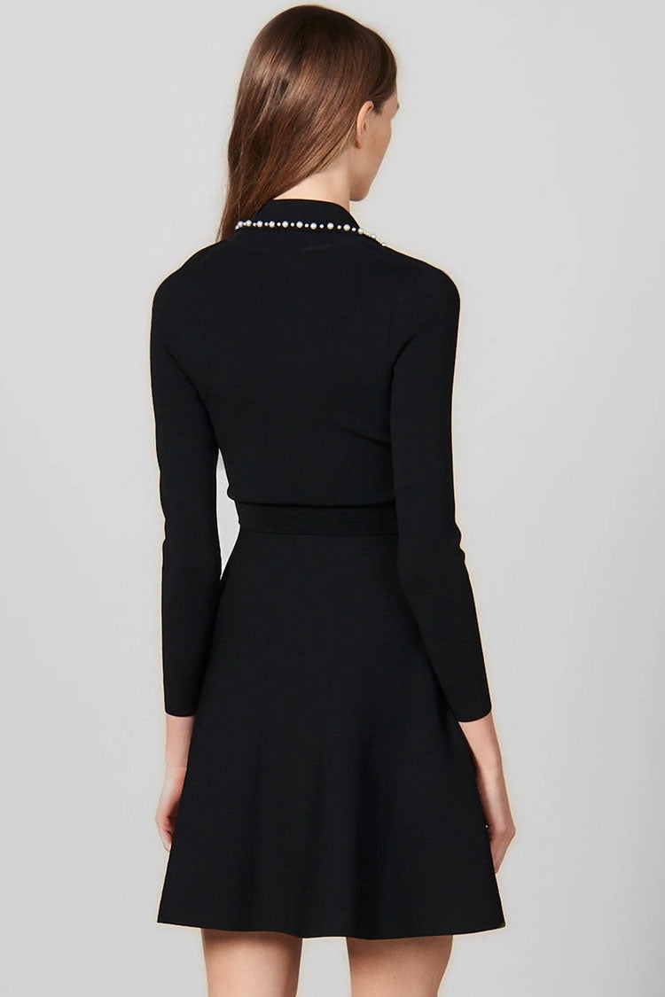 Pearl-Embellished Notched Lapel Surplice Wrap Knit Fit-and-Flare Mini Dress