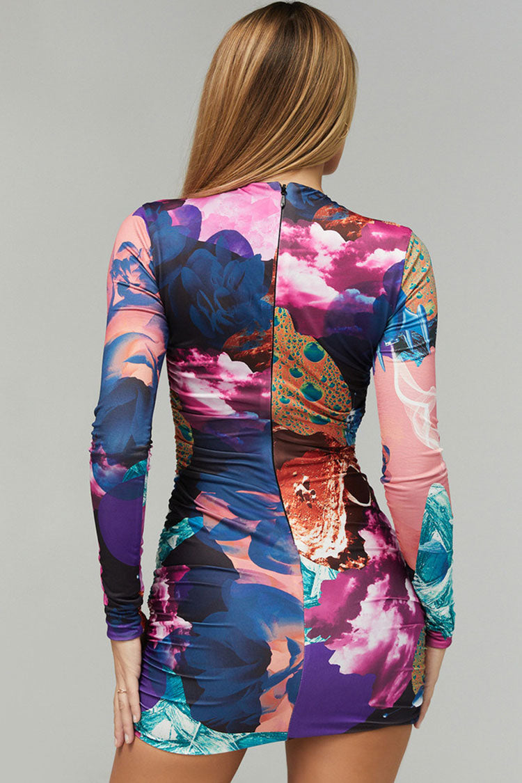 Abstract Print Long Sleeve Tie Keyhole Waist Cut Out Ruched Bodycon Mini Dress