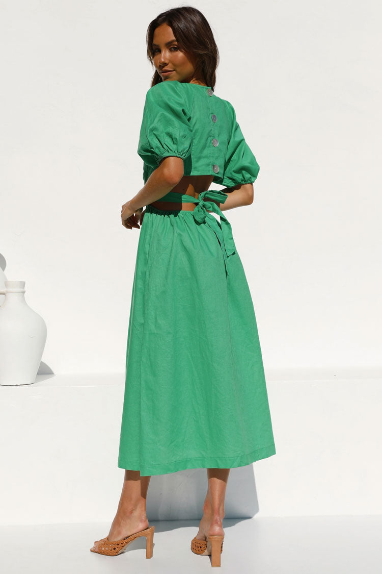 Puff Sleeve Wrap V-Neck Waist Cutout Gathered Midi Dress