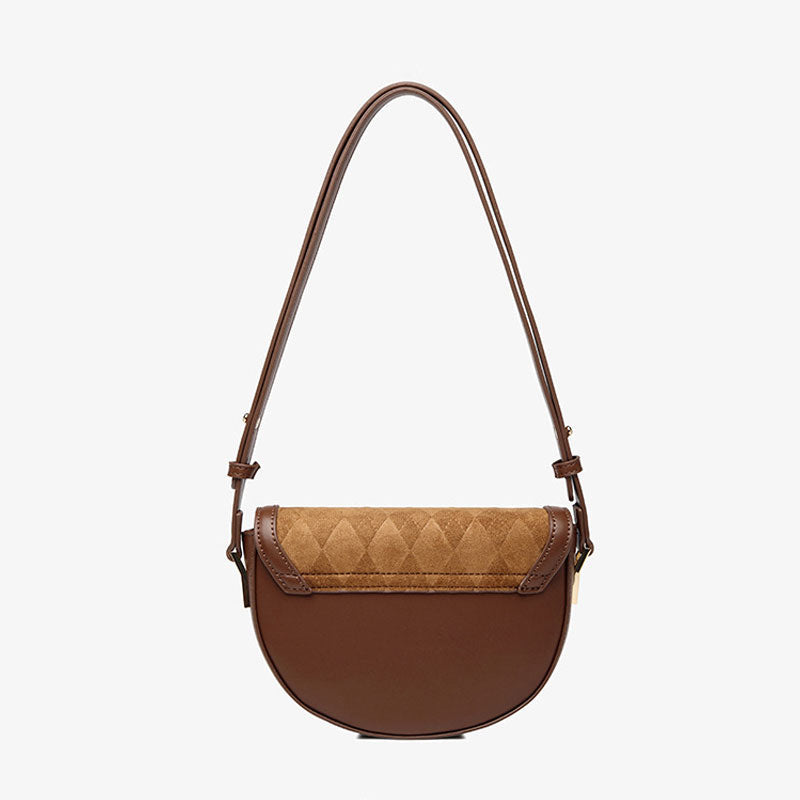 Brown Faux Leather Crossbody Saddle Bag with Vintage Suede Argyle Pattern