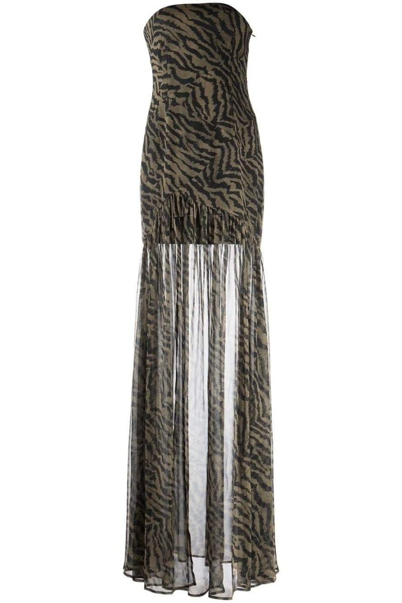 Strapless Zebra Print Sheer High Slit Maxi Dress