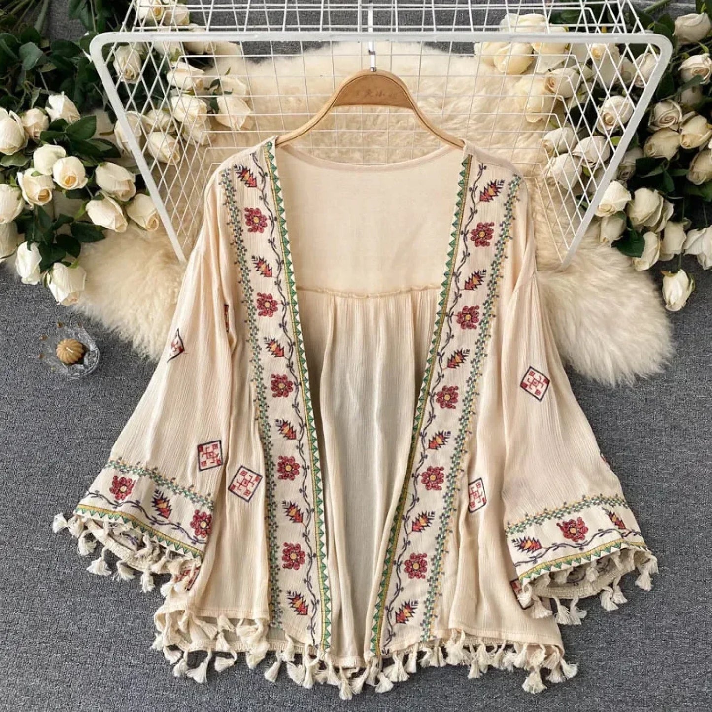 White Cotton Rayon Floral Embroidery Beach Cover up