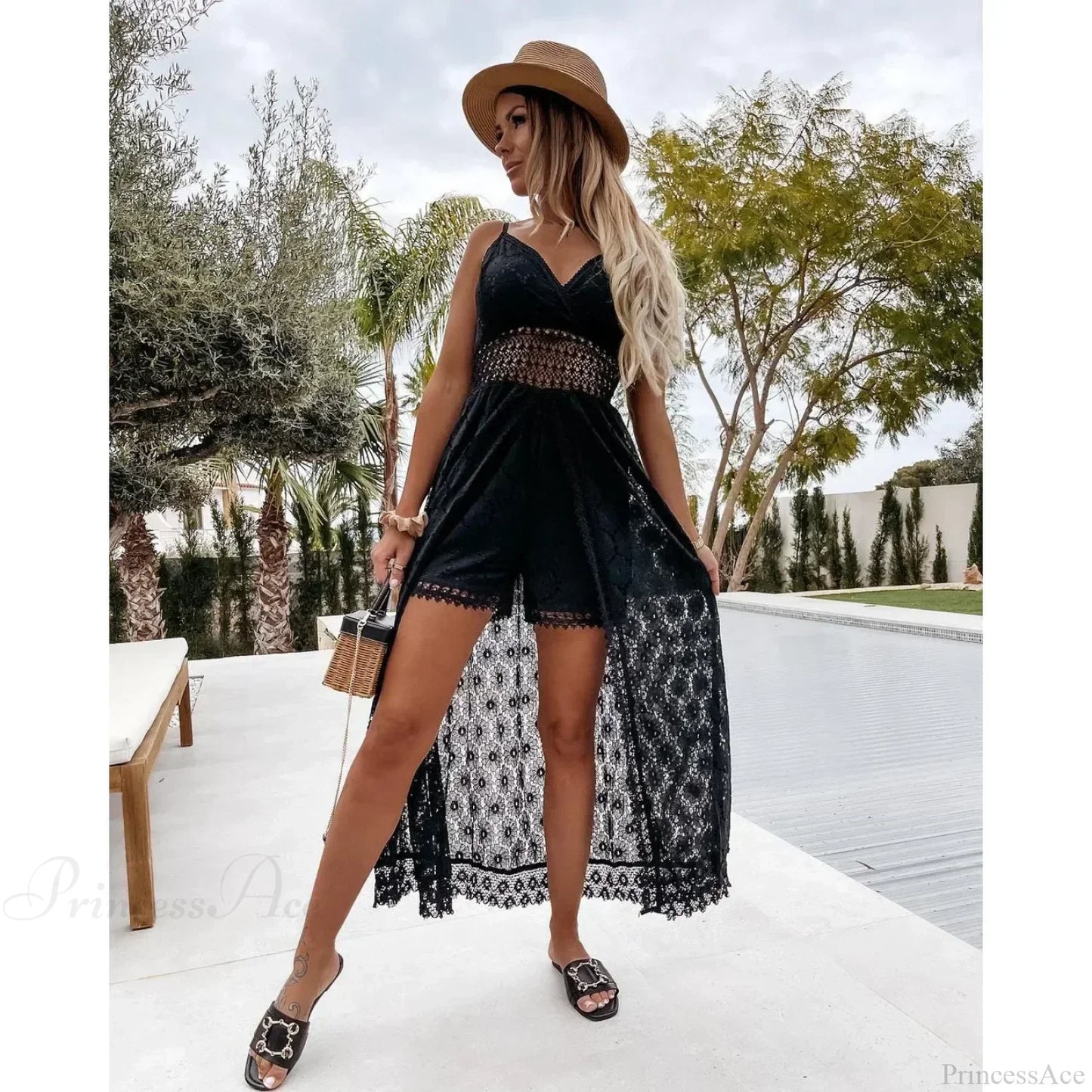 White Hollow Out Lace Strapless Sexy Split Midi Boho Dress