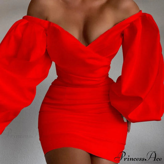 White Off Shoulder Puff Long Sleeve Satin Dress