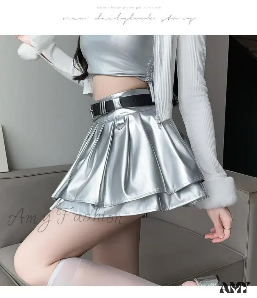 With Belt Pleated PU Leather Ball Gown High Waist Slim A-line Skirt