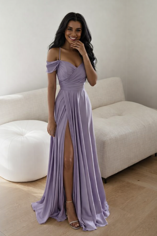 Lavender off shoulder prom dress with slit