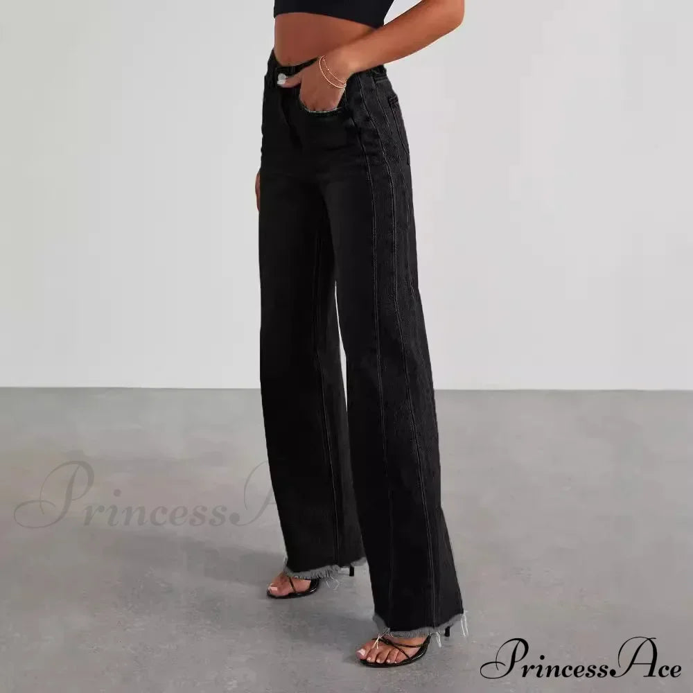 Women's Denim High Waist Fashion Wide Leg Pants Trousers Autumn Tide Straight Pants De Mujer Frayed Hem Jeans