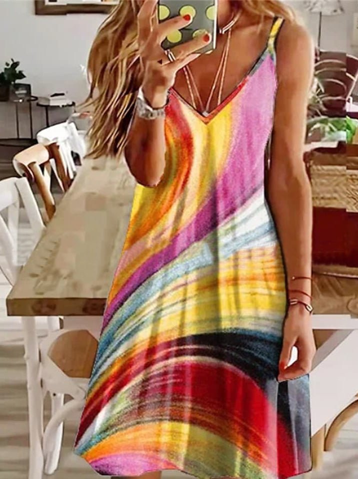 Printed Sling V-Neck Sleeveless Dress