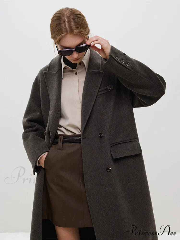 Wool Camel Hair Temperament Oatmeal Long Notched Collar Double Breasted Classic Chic Coat