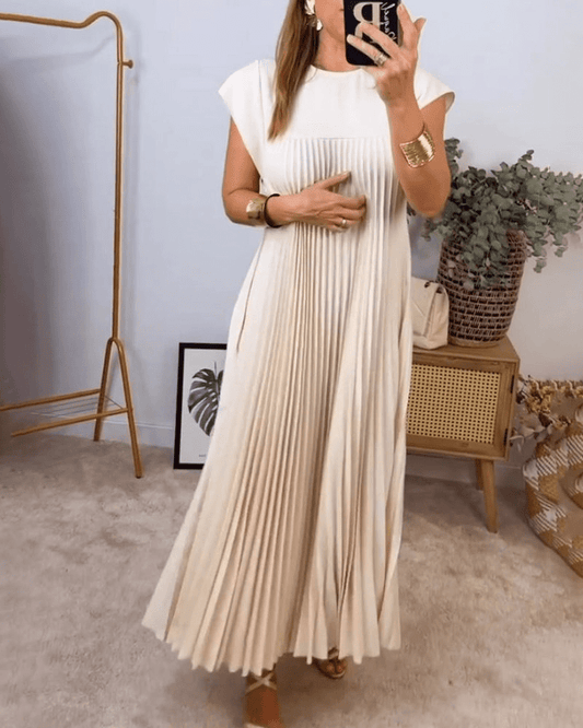 Crew Neck Cap Sleeve Accordion Pleated Pocket Maxi Dress