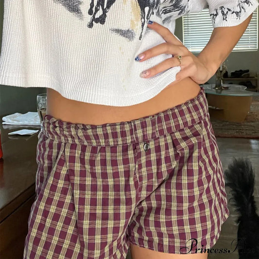 Y2K Gingham Boxer Stripes Button Elastic Waist Boxers Mini Bloomers Plaid Short