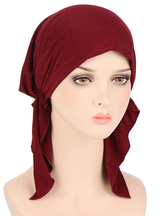 New Elastic Solid Color Wrap Head Scarf Hats Muslim Turban Bonnet For Women Inner Hijab Hat Fashion Female Turbantes Caps for Women