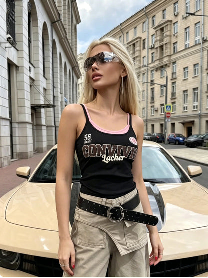 Unique Color-blocked Letter Print Slim-fit Base Vest