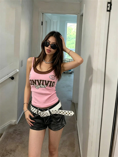 Unique Color-blocked Letter Print Slim-fit Base Vest