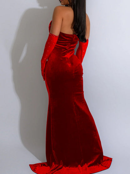 Lace And Velvet Patchwork Rhinestone-studded Evening Gown Mesh See-through Halter Neck Slit Maxi Dresses