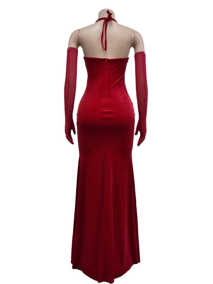 Lace And Velvet Patchwork Rhinestone-studded Evening Gown Mesh See-through Halter Neck Slit Maxi Dresses