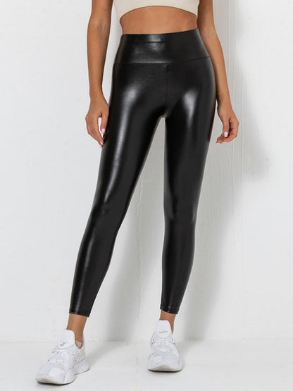 PU Glossy Patent Leather Cropped Pants Skinny Jeans Elastic Slim Fit Leather Pants