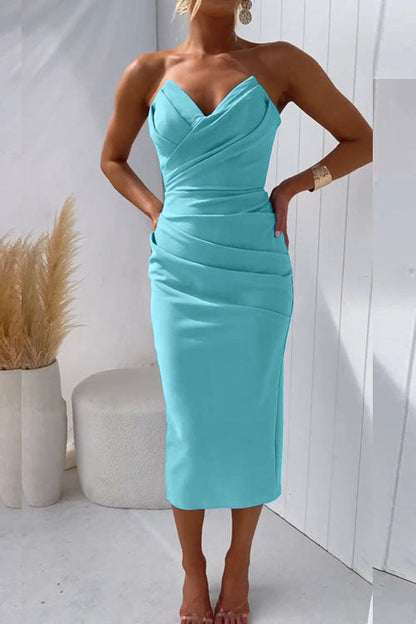 Strapless Crossover Pleated Bust Side Ruched Bodycon Midi Dress