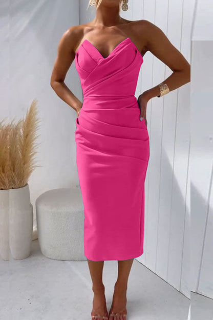 Strapless Crossover Pleated Bust Side Ruched Bodycon Midi Dress