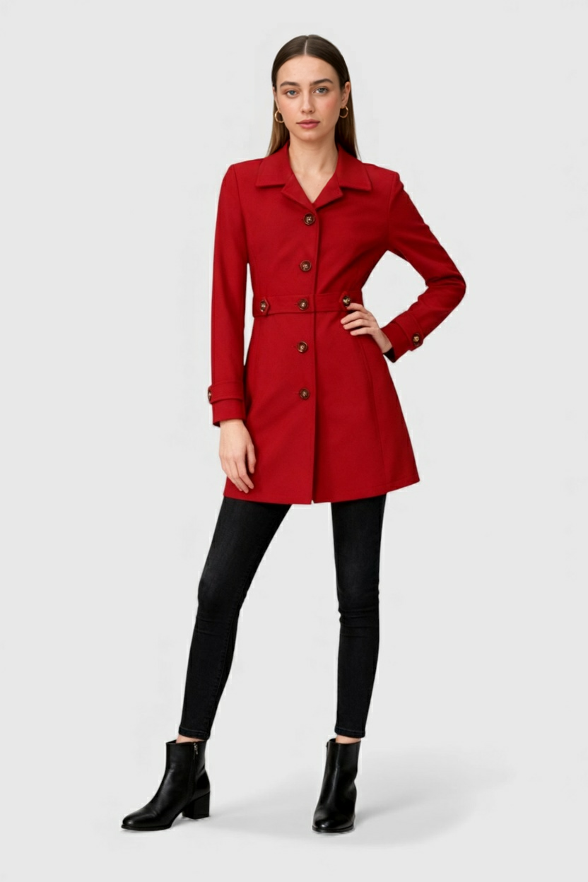 Mid-Length Single-Breasted Coat | Defined Waist | Button Detail