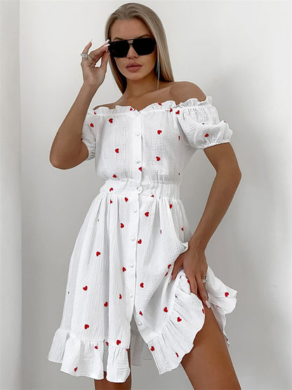 Tossy Ruffled Printed Patchwork Mini Dress For Women Off-Shoulder Fashion High Waist Gown Party Dress Summer Ladies Dress 2024
