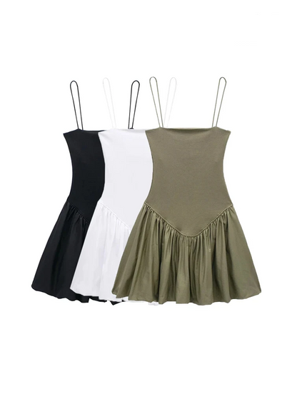 Square Neck Spaghetti Strap Drop Waist Bubble Hem Poplin Mini Dress