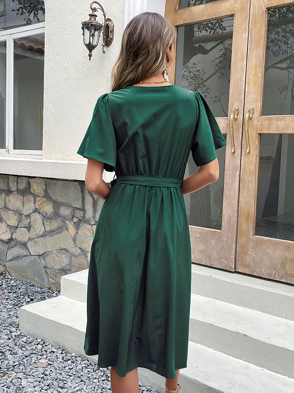 Lace Up Tatting Classic V-Neck Short Sleeves Midi Dress