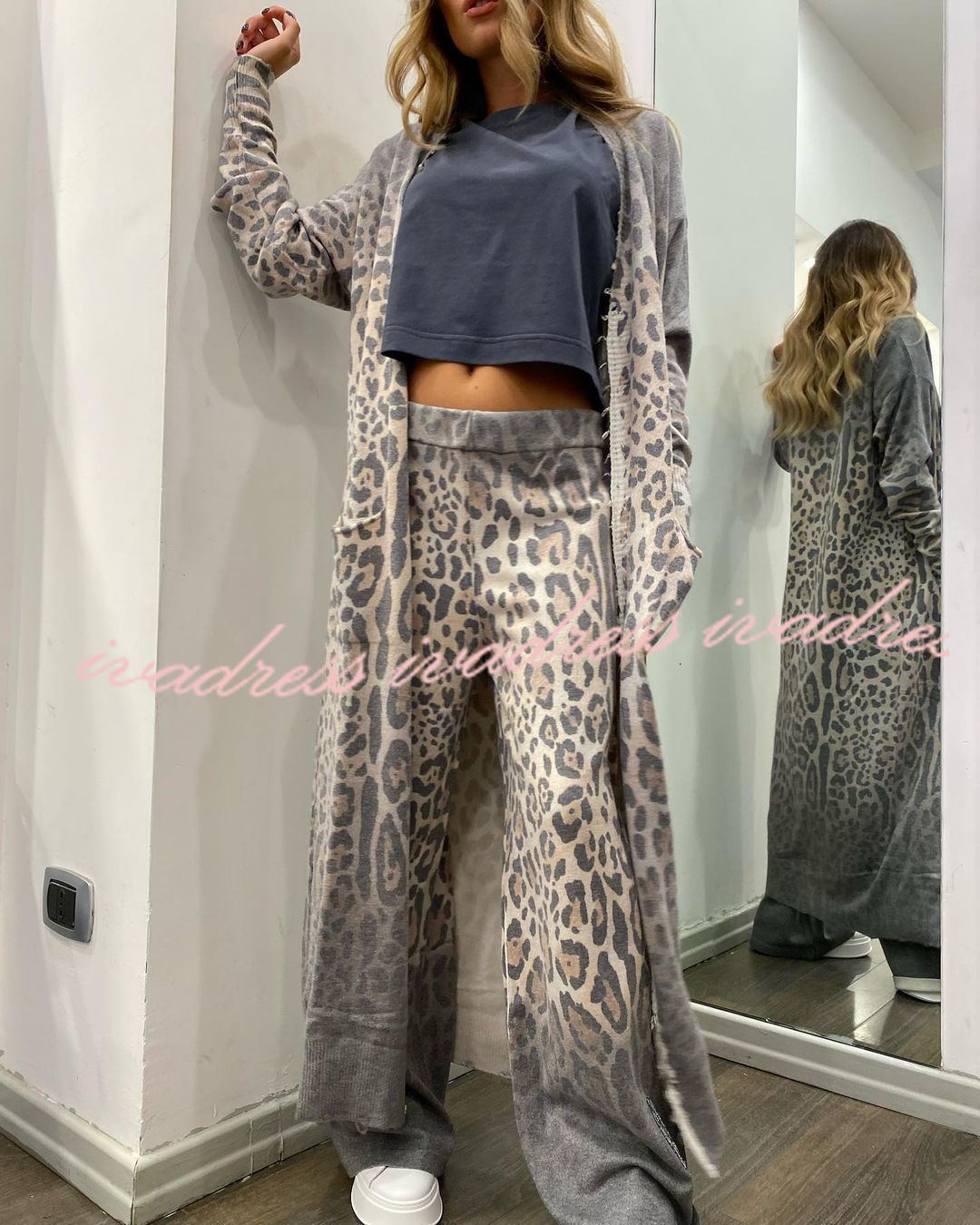Comfort first Leopard Print Pocket Long Sleeve Cardigan Elastic Waist Pants Set