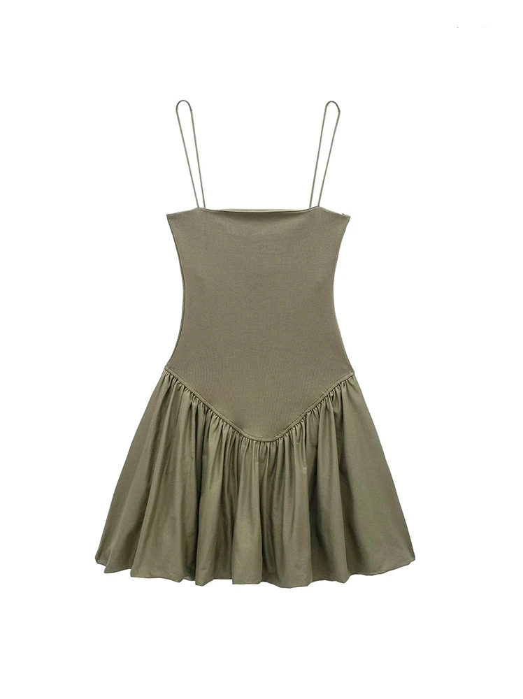 Square Neck Spaghetti Strap Drop Waist Bubble Hem Poplin Mini Dress