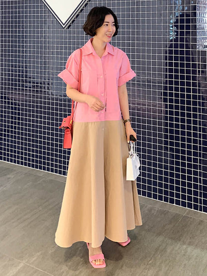 Fashion Split-Joint Lapel Buttoned Short Sleeves Midi Dress