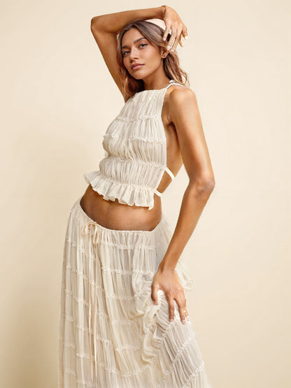 Charm Pleated Drawstring Waist Tiered Maxi Skirt