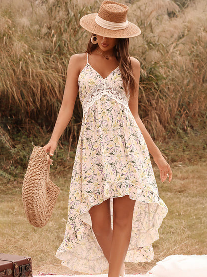 Print Midi Dresses Floral Spaghetti Straps High Low Design Lace Straps Neck Sleeveless Backless Sexy Summer Long Dress