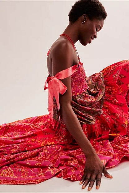 Smocked Sweetheart Neck Tie Shoulder Tiered Floral Paisley Maxi Dress