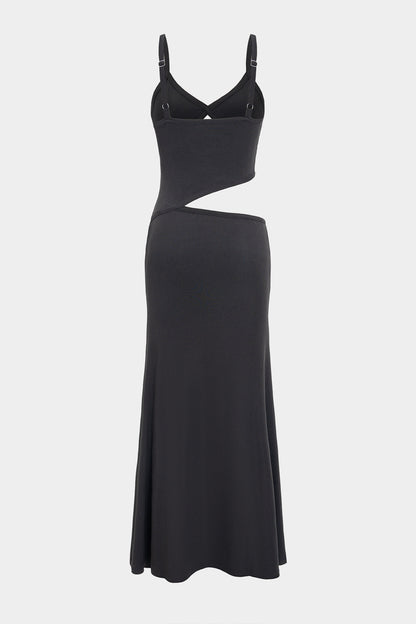 Rib Knit Spaghetti Strap Sweetheart Bust Side Cut Out Slip Maxi Dress