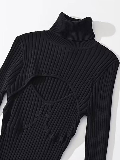 Sexy Sweater Dress Polo Neck Long Sleeves Cut Out Bodycon Mini Dresses