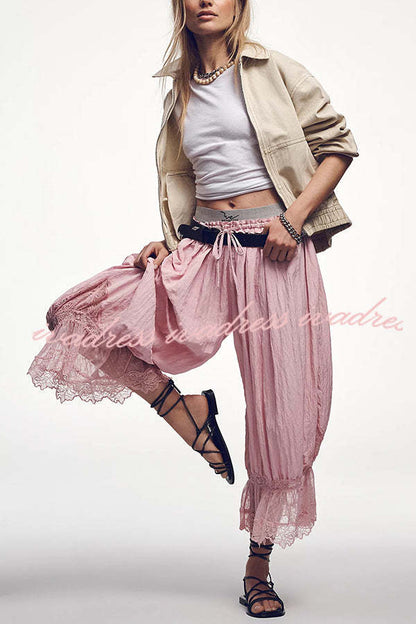 Pastoral Style Elastic Waist Lace Hem Bloomer Pants