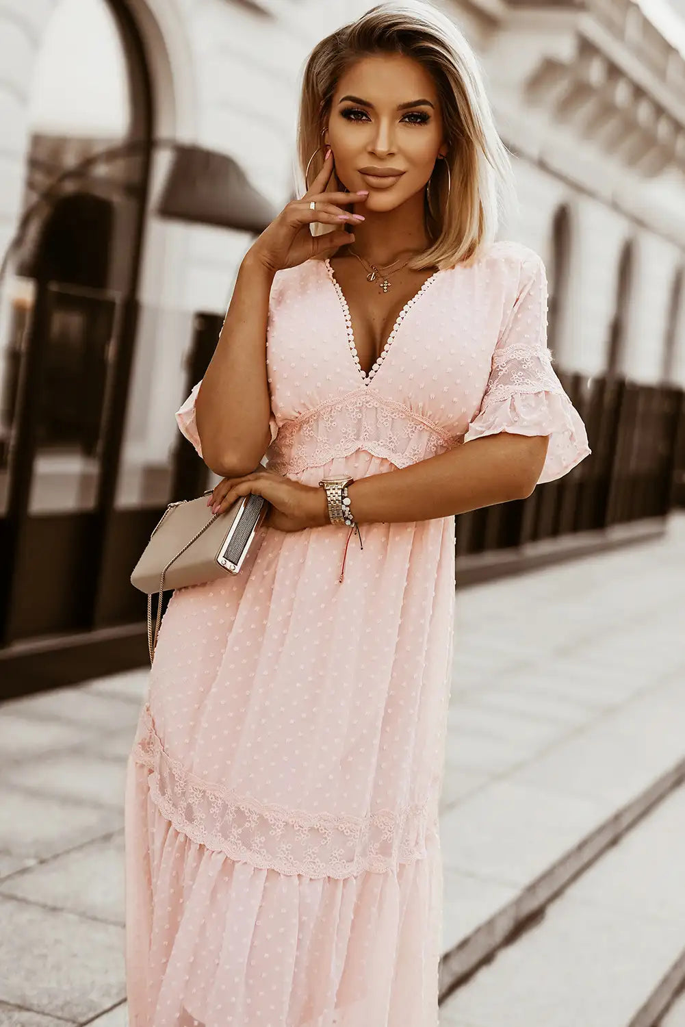 pink swiss dot maxi dress