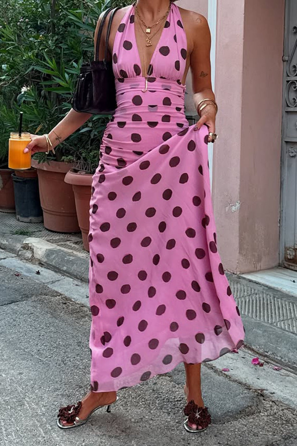 Polka Dot Deep V-Neck Wide Strap Ruched Waist Flowy Maxi Dress