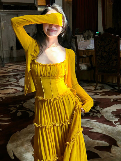 Mustard Yellow Ruched Ruffle Maxi Dress – Chic & Bright Summer Statement