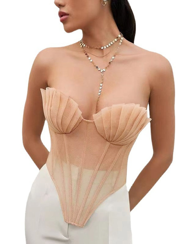Pleated Shell Tie Back Mesh Corset Top