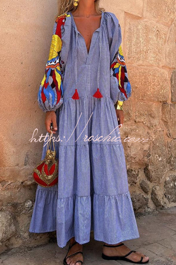 Unique Printed V-neck Lace-up Balloon Sleeves Loose Maxi Dress