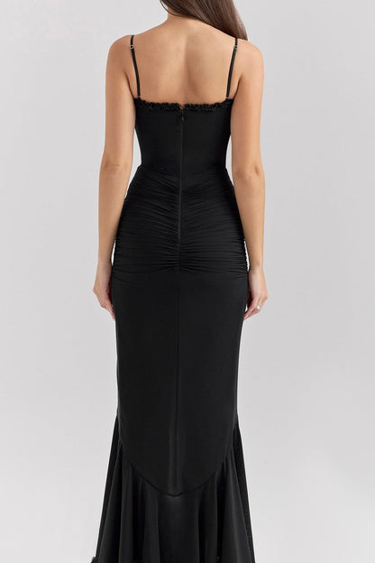 Sweetheart Spaghetti Strap Ruched Mesh Ruffle Trim Wrap High Slit Maxi Dress