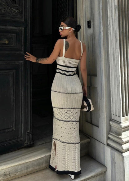 Halter Contrast Trim Pointelle Knit Side Slit Maxi Dress